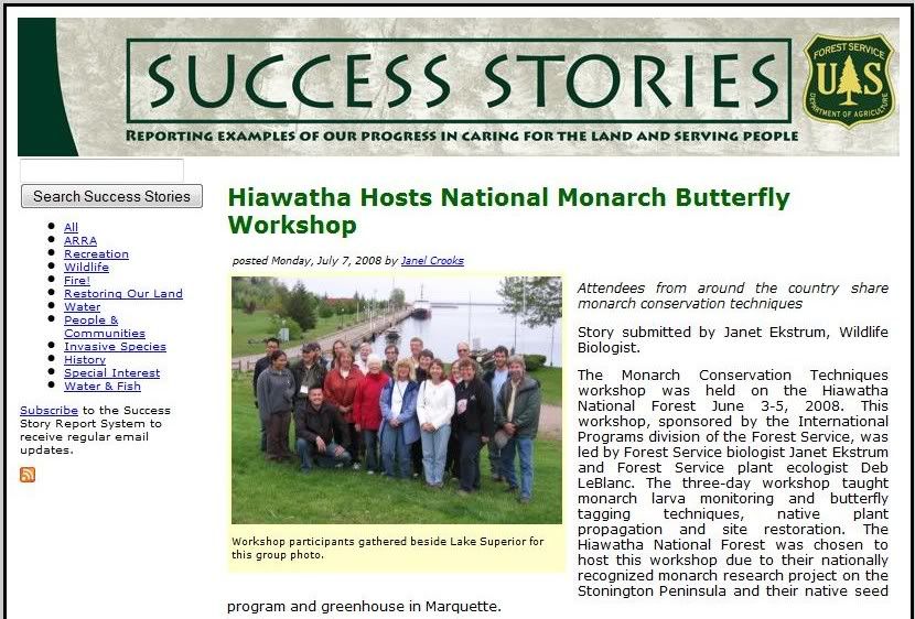 U.S. Forest Service success story,USFS,United States Forest Service,U.S. Department of Agriculture,Monarch,butterfly,butterflies,Marquette,Michigan,National Monarch Butterfly Workshop,Hiawatha National Forest,forest,botanist,botany,Deb LeBlanc,Deb Le Blanc,Terry Miller,plug,Escanaba